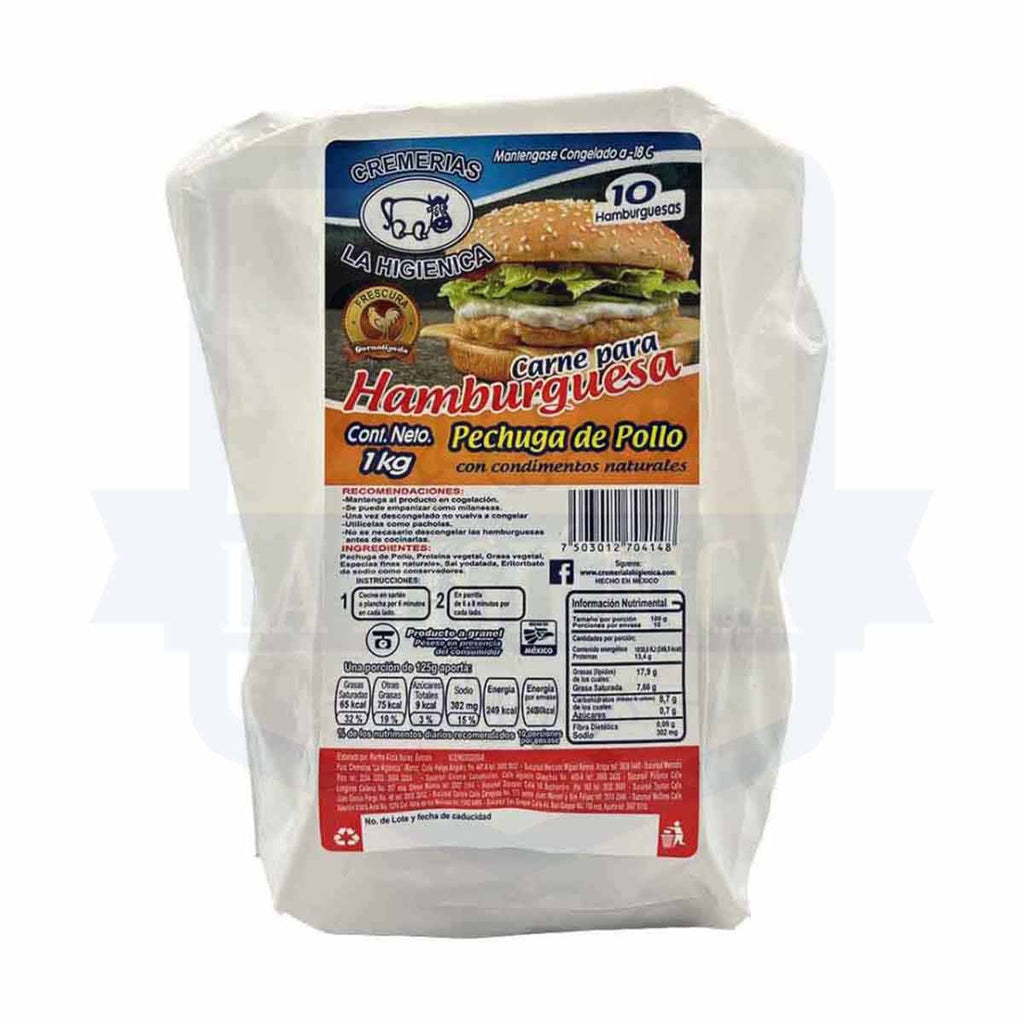 Carne de pollo para hamburguesa La Higiénica.